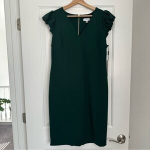 Calvin Klein Dark Green Midi Dress with Ruffle Sleeves